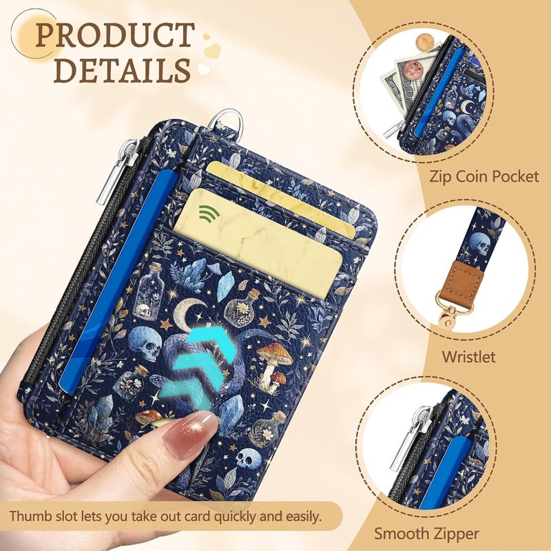 Kelvoris Goth Mushroom Slim Wallet Women Credit Card Holder, Skull Gothic Small RFID Blocking Wallet Woman Wristlet Keychain Zipper Coin Pocket, Front Pocket Thin Travel Wrist Card Case Ladies Gifts - Image 5